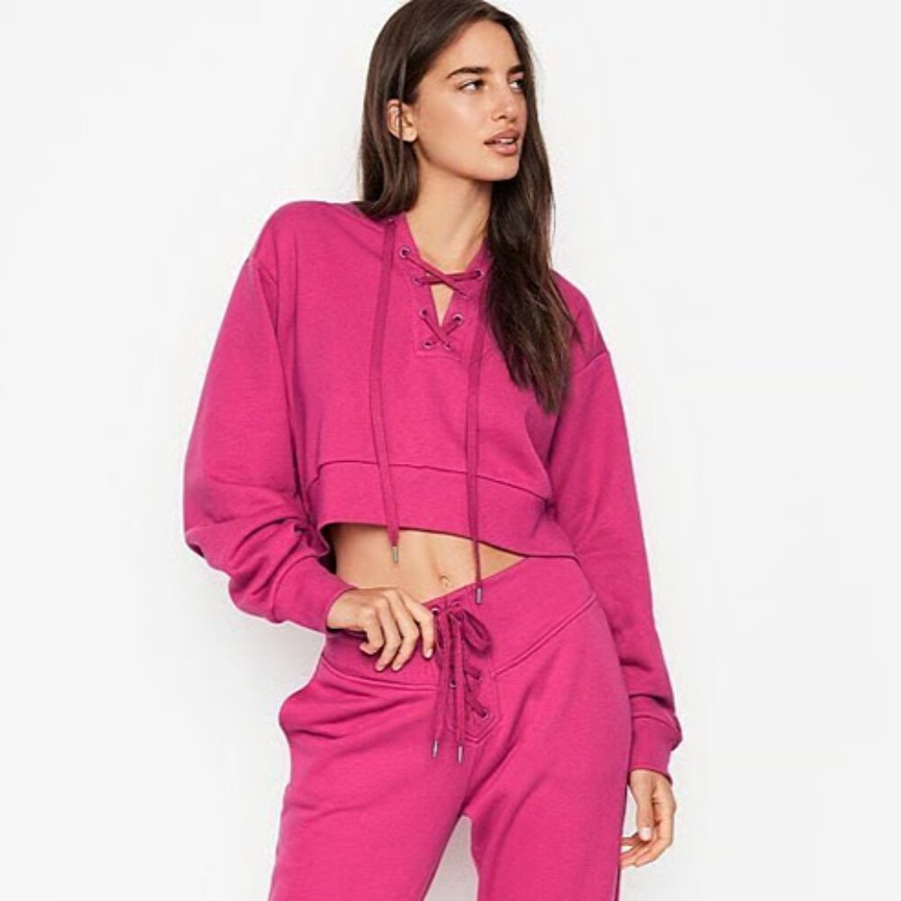 Victoria's Secret Magenta Lace Up Cropped Fleece Sweatshirt Size XS